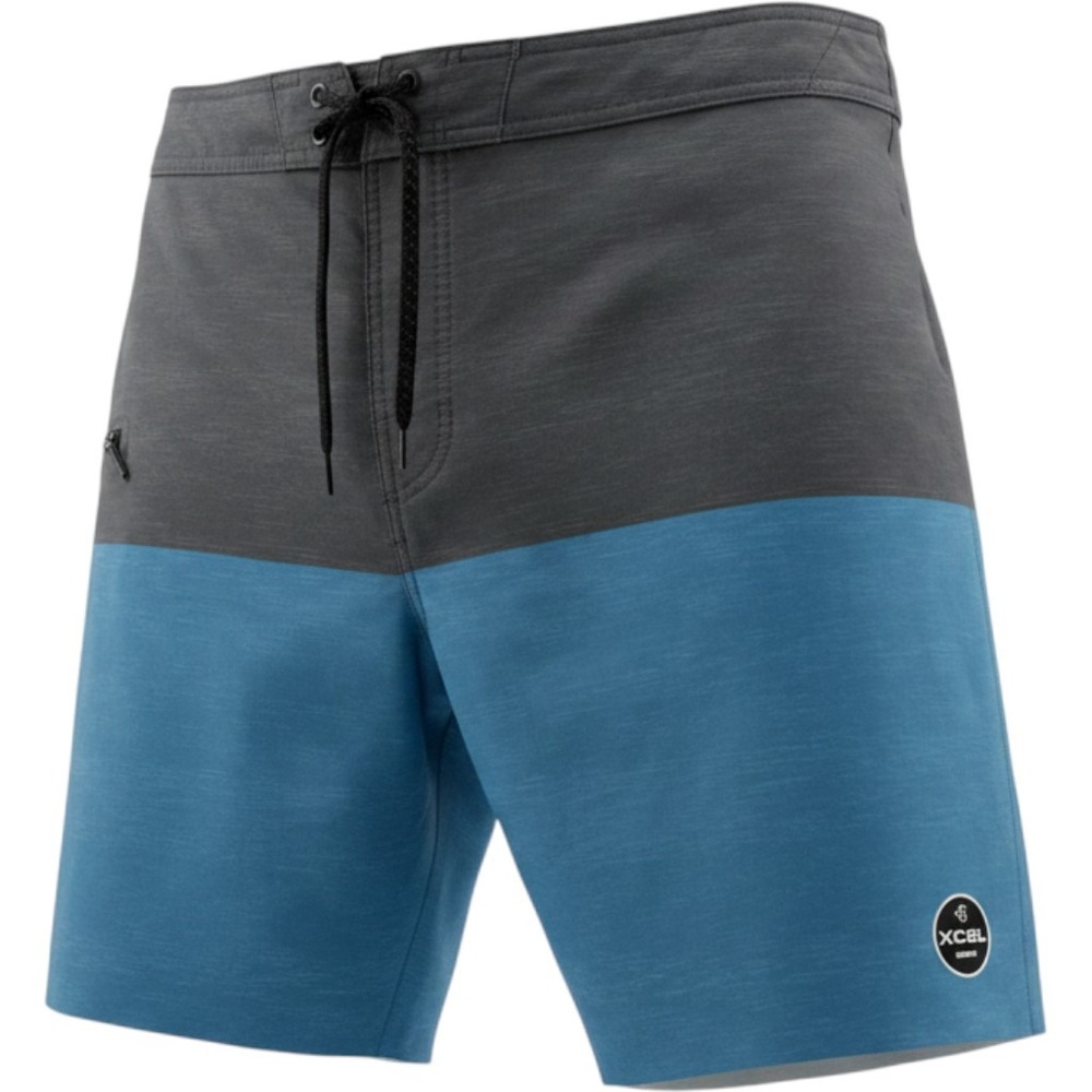 XCEL Board Shorts Size 38 Grey Blue Colorblock 4-Way Stretch Surf Swim Trunks